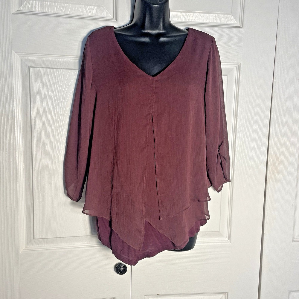 Apt 9 Shirt Women Medium Burgundy Y2K Flowy Asymmetric Fairycore‎ Layered Blouse